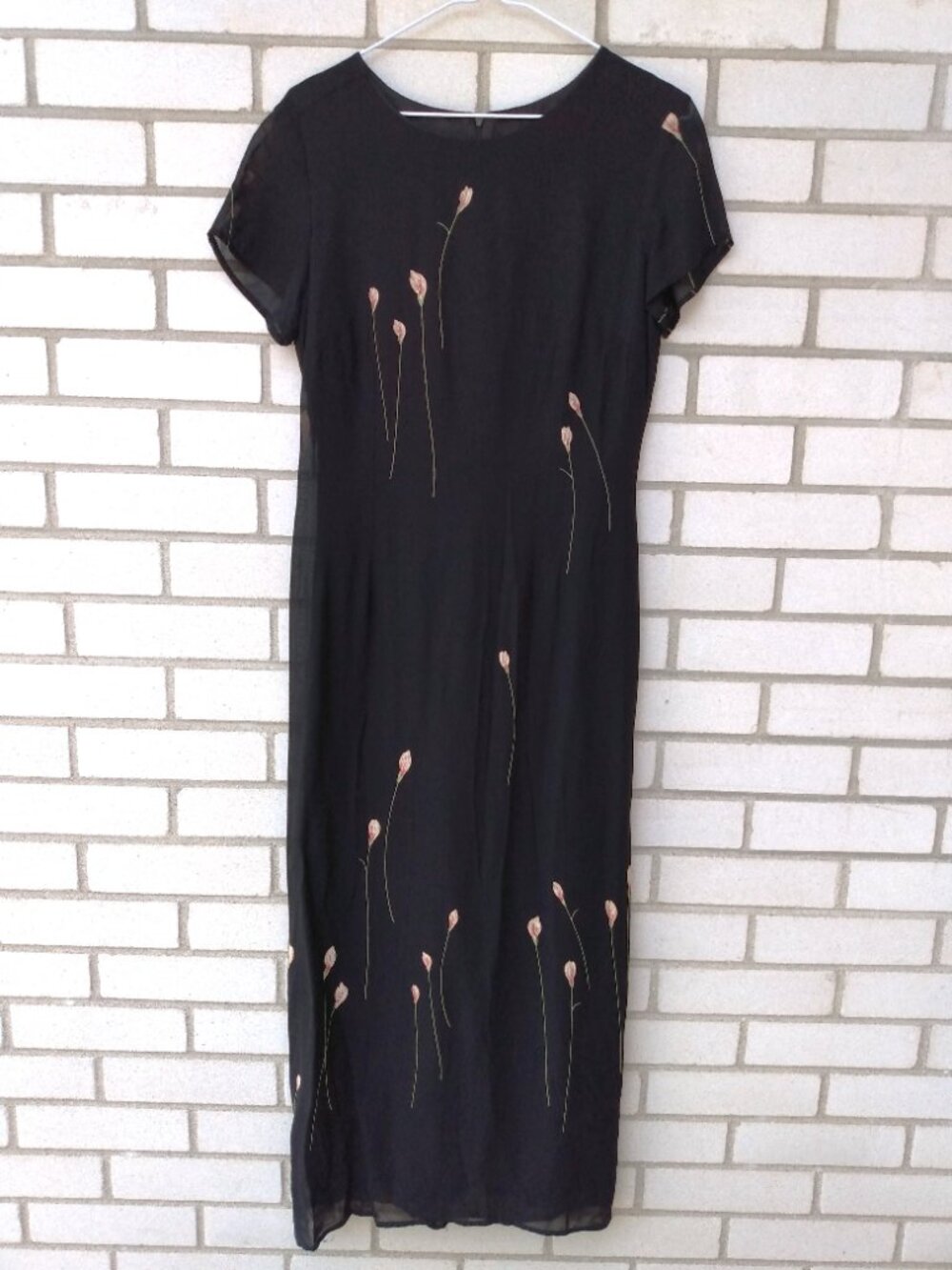 Vintage 90s Black Chiffon Dress with Flowers Size 8 Made in Canada by Braemar